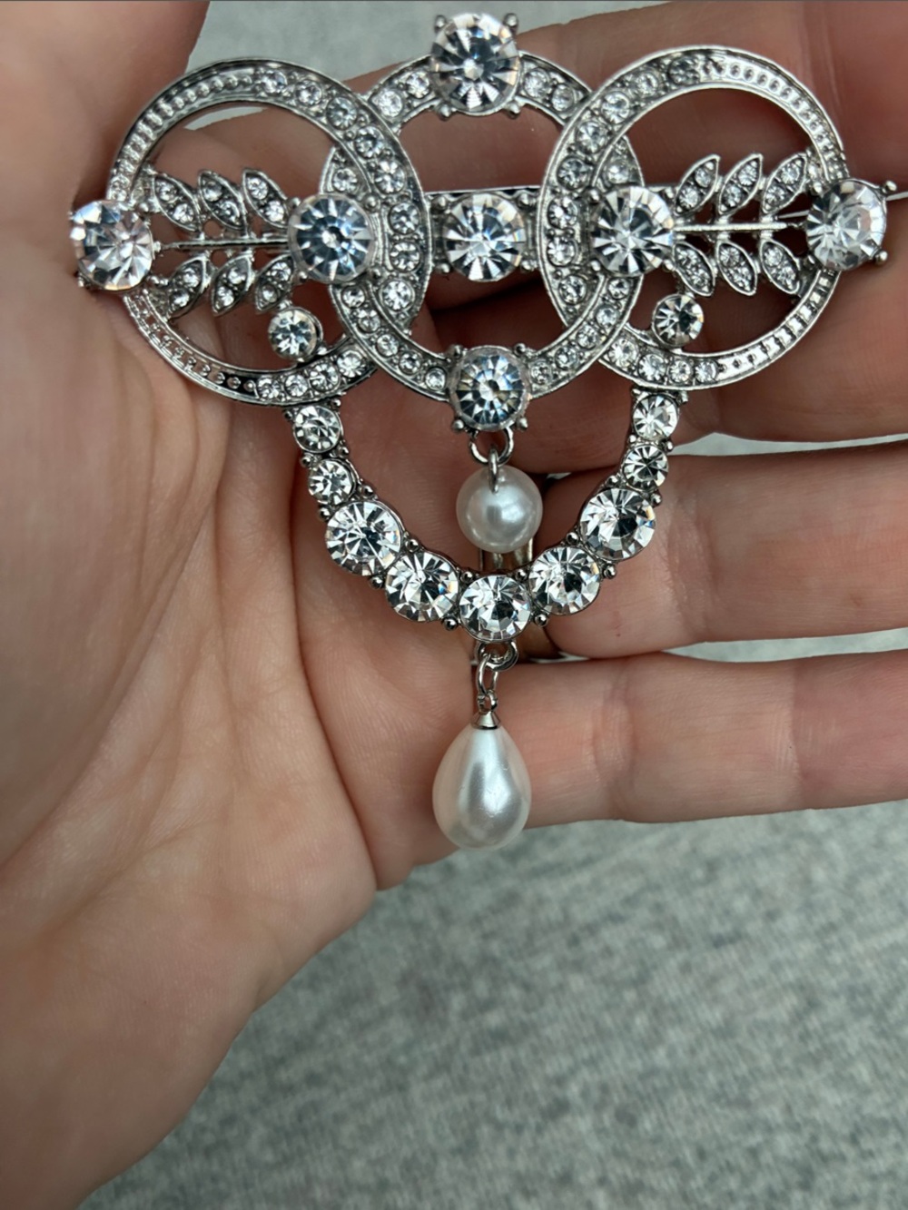 Vintage-Style Silver Crystal & Pearl Drop Brooch